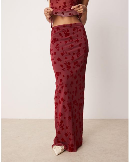 ASOS Flocked Mesh Low Rise Maxi Skirt in Red | Lyst