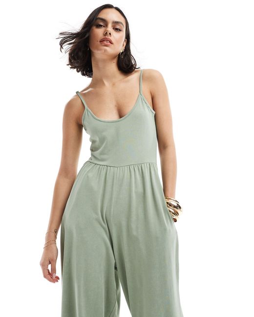 ASOS Green Scoop Strappy Washed Jersey Wide Leg Jumpsuit