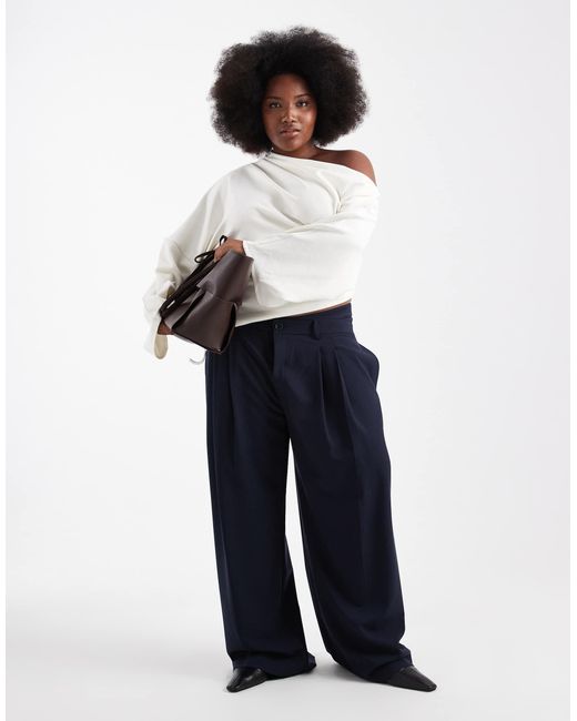 ASOS Blue Curve Tailored Low Rise Wide Leg Trousers With Asymmetric Waistband