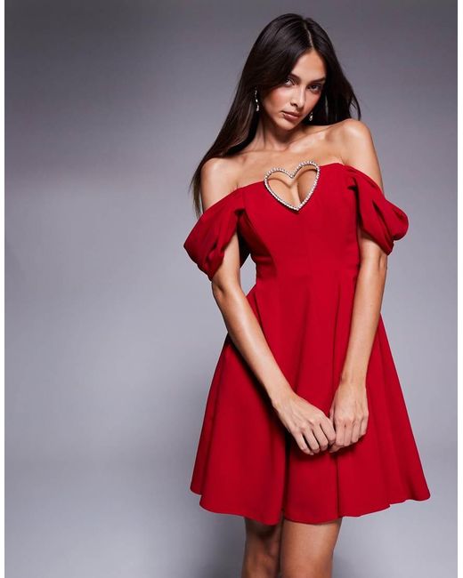 Goddiva Red Diamante Heart Trim A Line Mini Dress