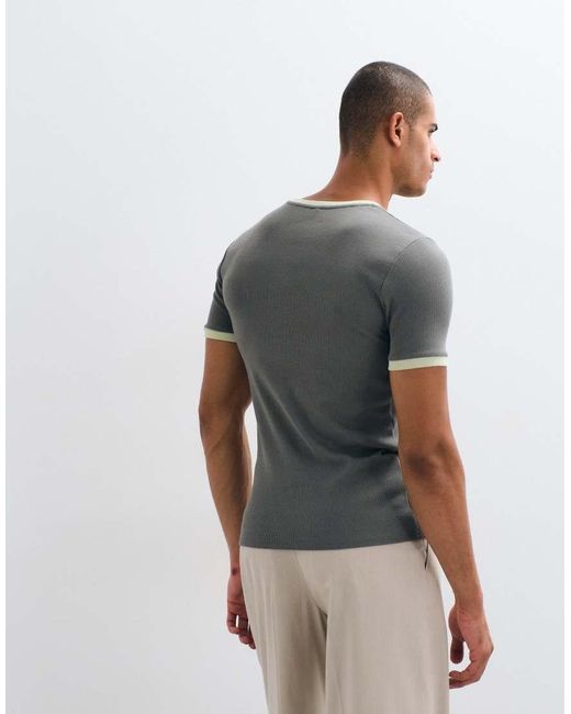 ASOS Gray Muscle Fit Ribbed T-shirt With Ringer Detailing for men