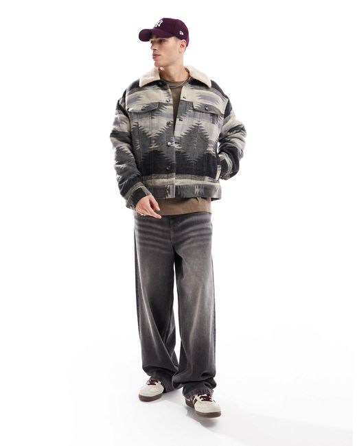 ASOS Gray Oversized Aztec Design Wool Look Harrington Jacket for men