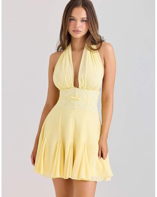 House Of Cb Yellow Ailani Butter Georgette Halter Neck Mini Dress