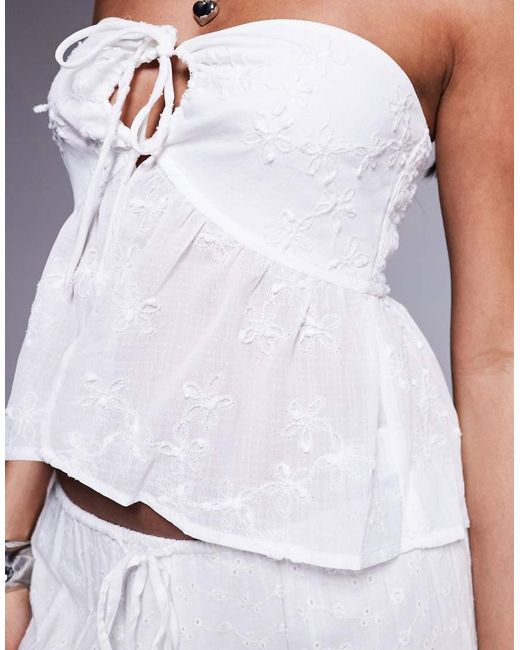 Princess Polly White Rosenburg Baby Doll Embroidered Keyhole Tie Front Bandeau Top