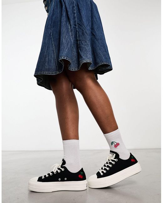 Converse Black Chuck Taylor All Star Lift Ox Platform Sneakers With Cherry Embroidery