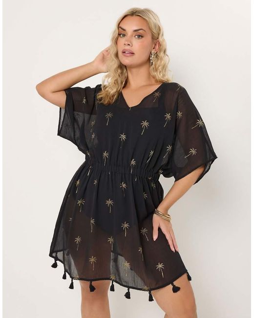 Yours Clothing Black Foil Detail Beach Kimono
