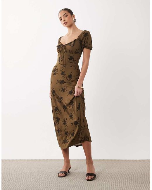 ASOS Brown Scalloped Collar Puff Sleeve Seam Detail Midi Tea Dress