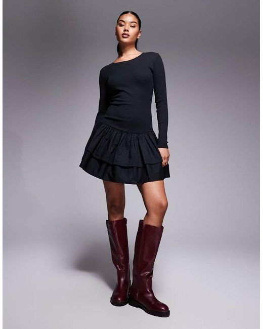 ASOS Blue Ribbed Mini Dress With Woven Skirt