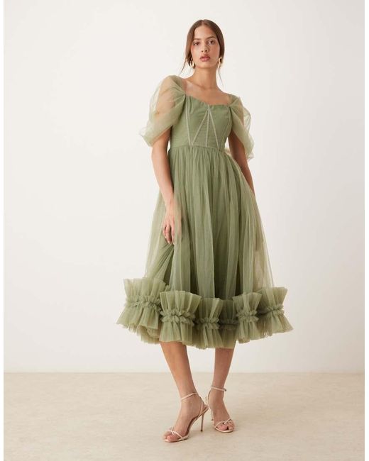 LACE & BEADS Green Off Shoulder Tulle Midaxi Dress