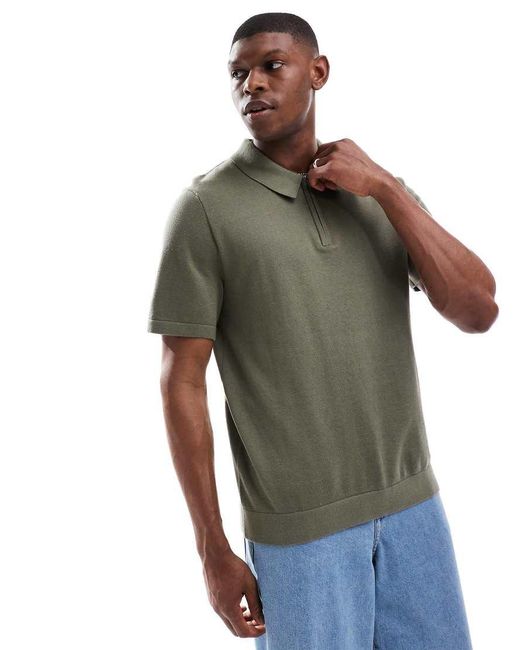 Jack & Jones Green Knit Polo With Zip for men