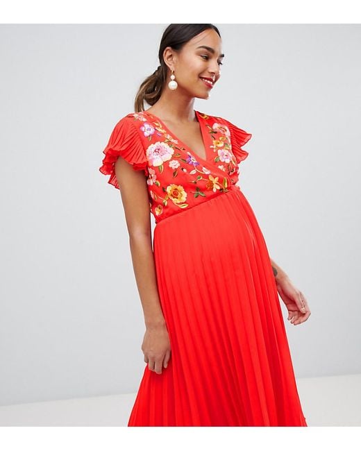 ASOS Asos Design Maternity Pleated Midi Dress With Embroidery in Red Lyst UK