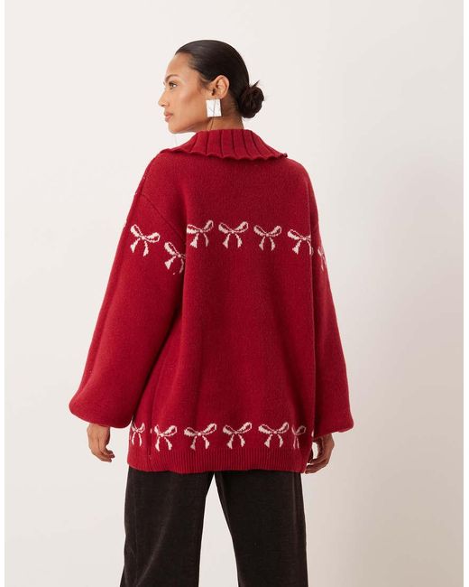 For Love & Lemons Red Bow Intarsia Knitted Oversized Cardigan With Ribbed Collar