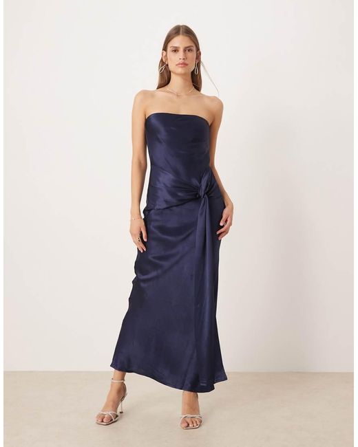 SNDY'S Blue Satin Bandeau Wrap Tie Waist Detail Maxi Dress