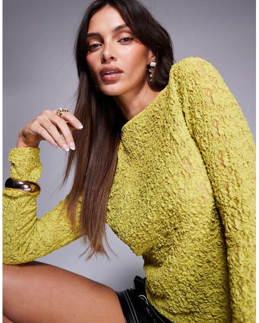 ASOS Yellow Lace Mesh Top With Asymmetric Hem