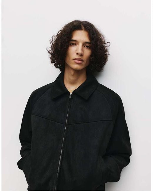 Pull&Bear Black Faux Suede Trucker Jacket for men