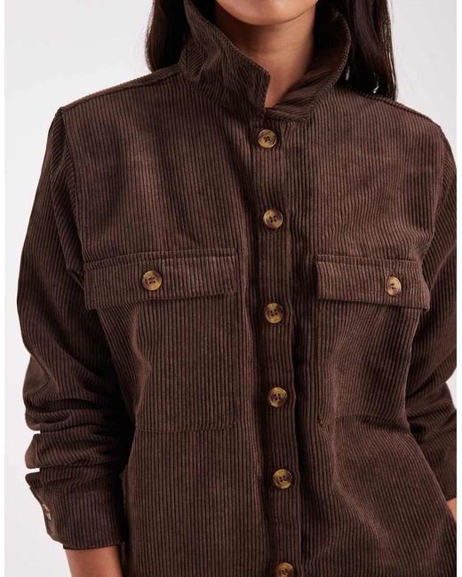 Pieces Brown Pocket Detail Oversized Cord Shirt