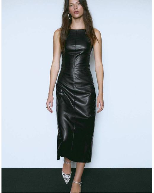 Stradivarius Faux Leather Midi Dress in White | Lyst UK