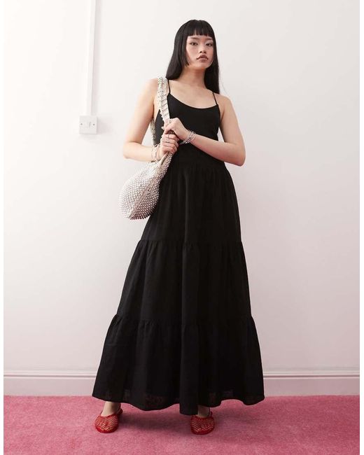 Monki White Linen Tiered Midaxi Dress