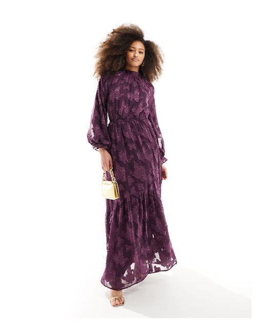 ASOS Purple High Neck Big Sleeve Jacquard Maxi Dress