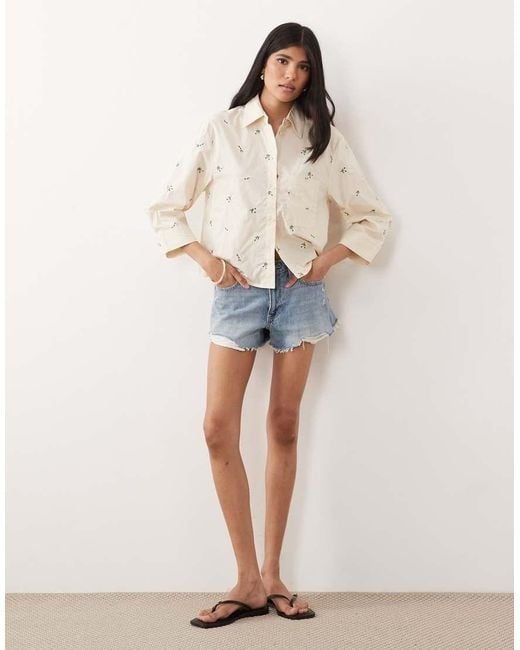 Mango Natural Cropped Classic Shirt With Flower Print