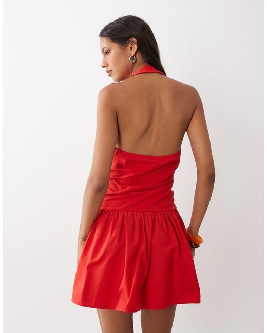 ASOS Red Scoop Halter Mini Dress With Cotton Poplin Skirt