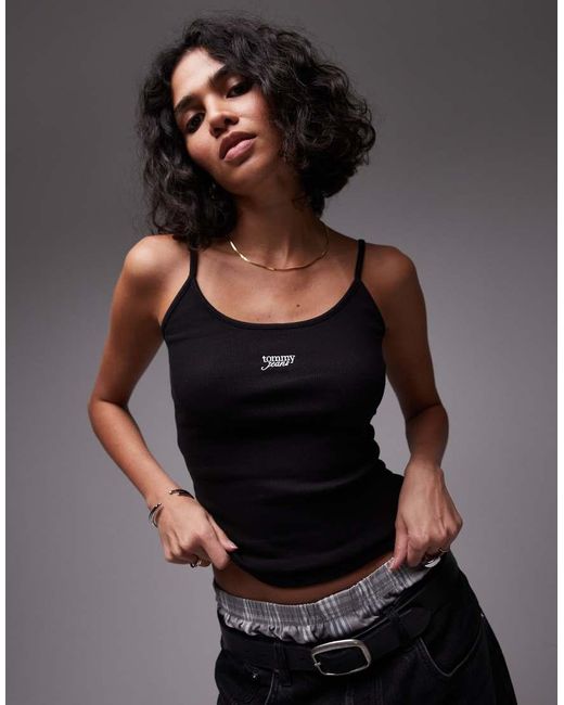 Camiseta Negra De Tirantes Con Logo De Texto De Tommy Hilfiger de color Black