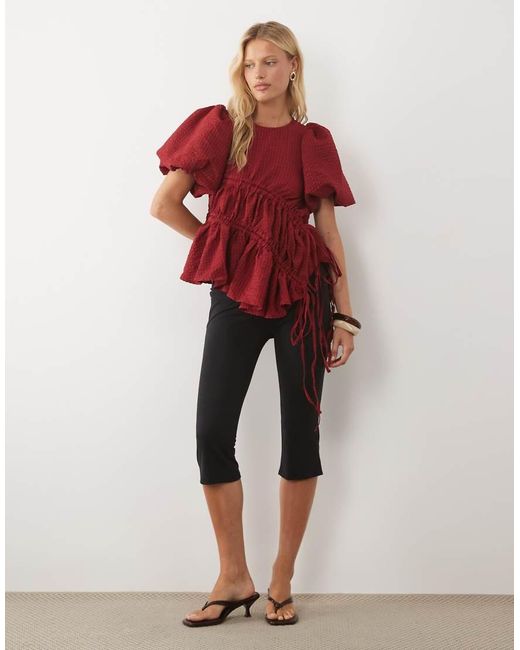 Ghospell Red Micaela Exclusive Puff Sleeve Ruched Detail Top