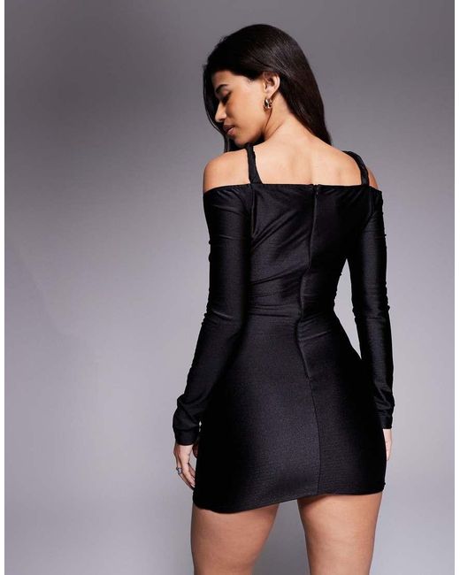 Ruched & Ready Black Forever Yours Sculpted High Shine Halterneck Cut Out Gold Hardware Detail Sculpted Mini Dress