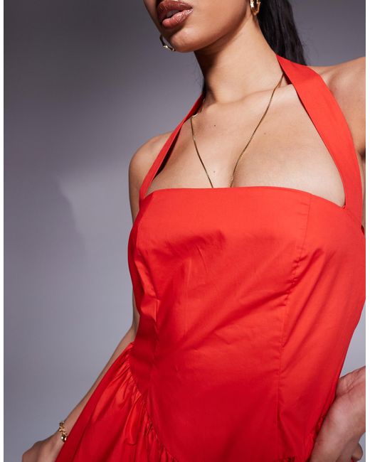 Kaiia Red Exclusive Cotton Rich Poplin Square Neck Halter Maxi Dress