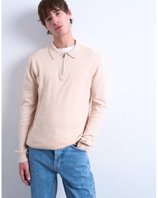 Topman Pink Essential Knitted Zip Polo for men