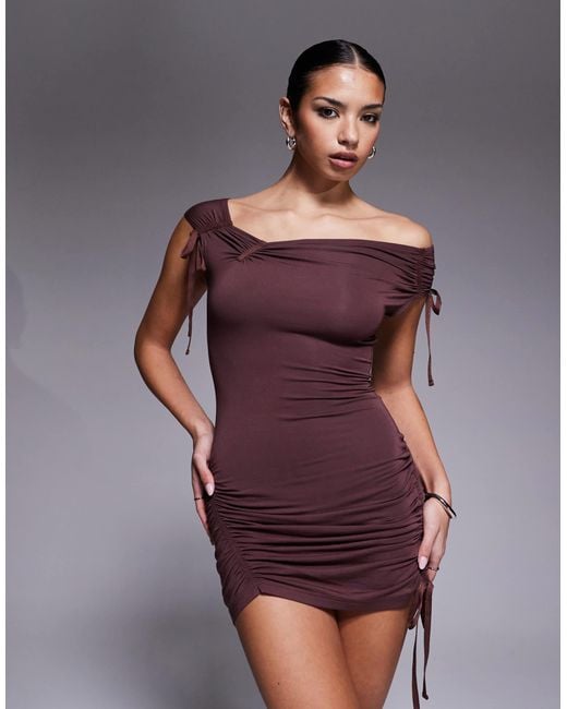 I.AM.GIA Purple Asha Shir Slinky Ruched Tie Detail Off Shoulder Mini Dress