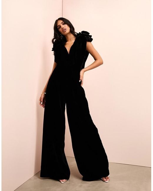 ASOS Black Velvet Corsage Cowl Neck Wide Leg Jumpsuit