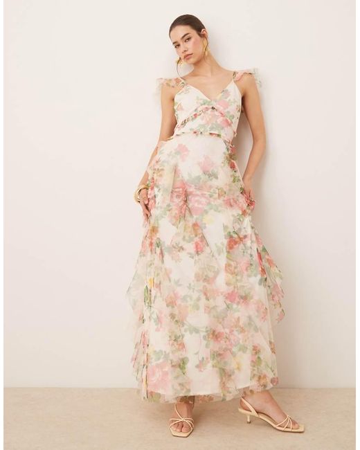 LACE & BEADS Natural Ruffle Midaxi Tulle Dress
