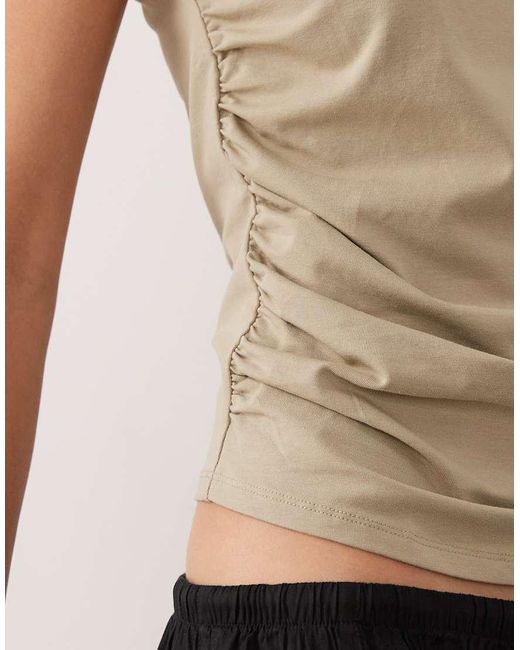 Mango Multicolor Cotton Rich Boat Neck Ruched Sleeveless Top