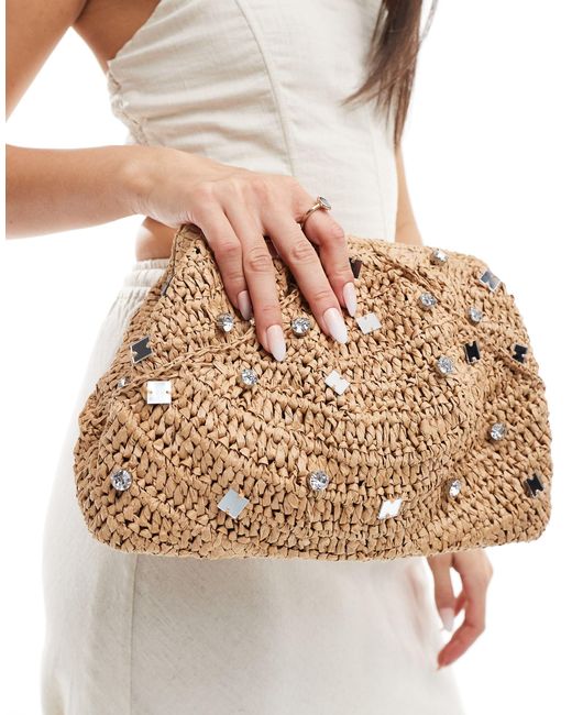 ASOS Natural Straw Clutch Bag With Diamante Detailing