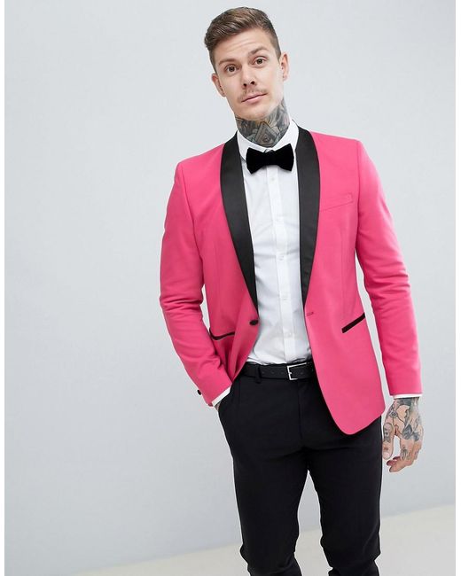 ASOS Slim Tuxedo Suit Jacket In Bright Pink With Black Contrast Lapel for men