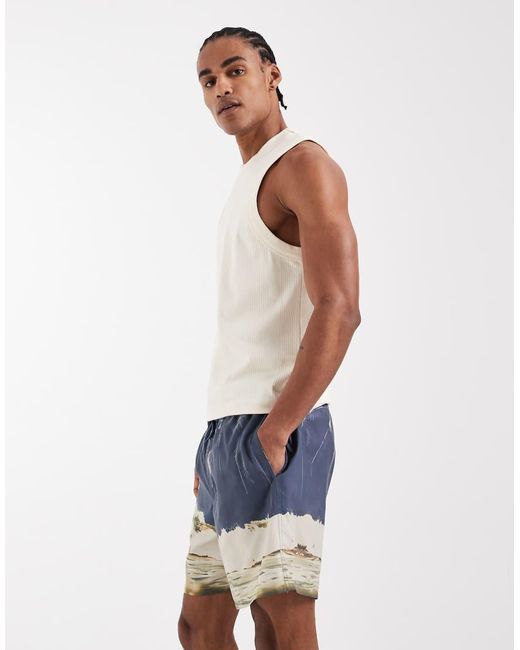 ASOS Blue Mid Length Swim Shorts With Beach Photo Print for men