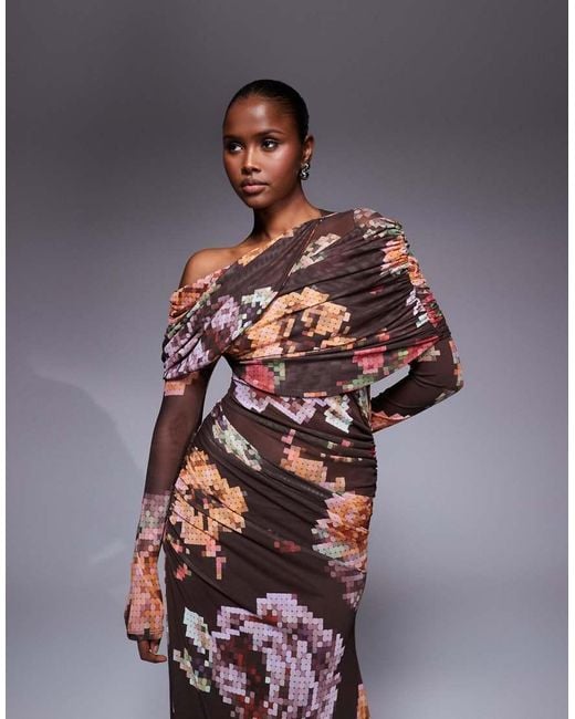 ASOS Multicolor Printed Mesh Long Sleeve Slouchy Bardot Maxi Dress