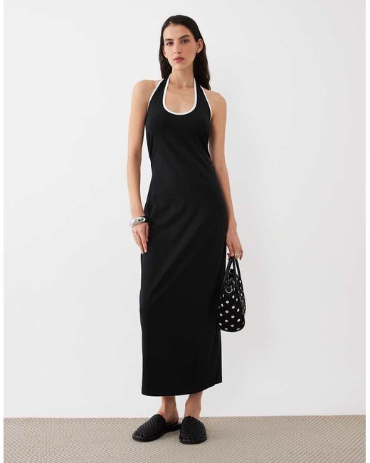ASOS Black Halter Midi Dress With White Contrast Trim