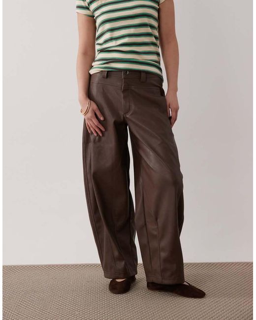 ASOS Brown Petite Faux Leather Barrel Leg Trousers With Seam Detail