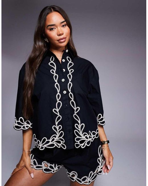 River Island Blue Floral Trim Detail Boxy Shirt I Co Ord