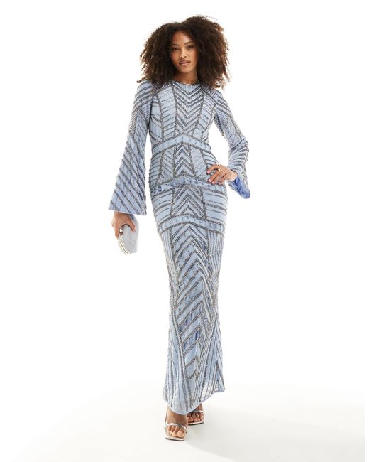 ASOS Embellished Long Sleeve Chevron Maxi Dress in Blue | Lyst