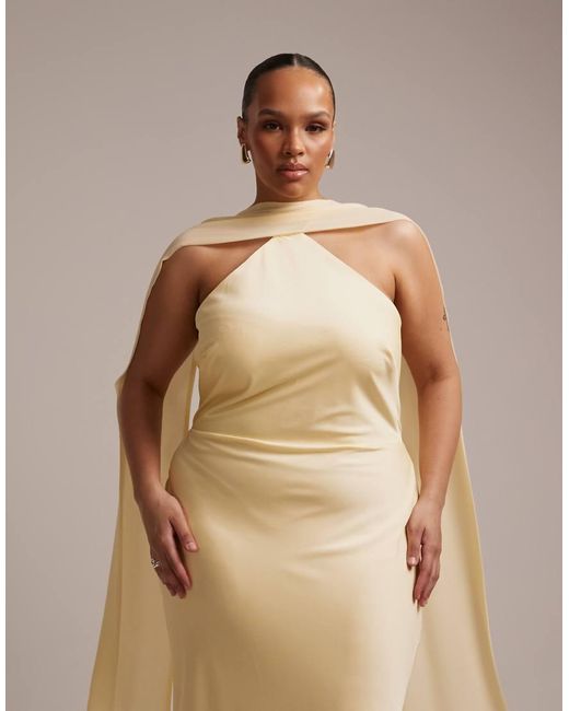 ASOS Natural Asos Design Curve Bridesmaids Halter Neck Satin Maxi Dress With Scarf Detail