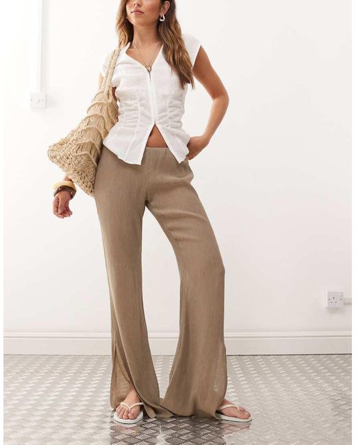 Weekday Natural Flare Leg Plisse Trousers With Split Hem Detail