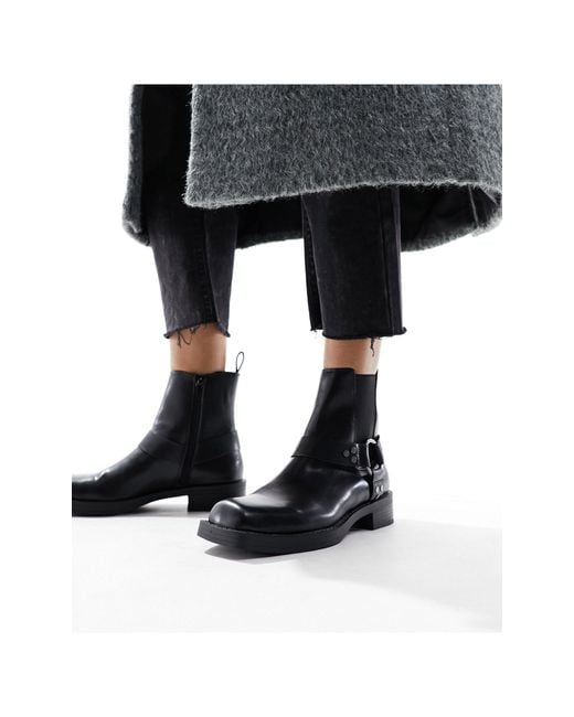 Pull&Bear Black Square Toe Buckle Detail Flat Boots