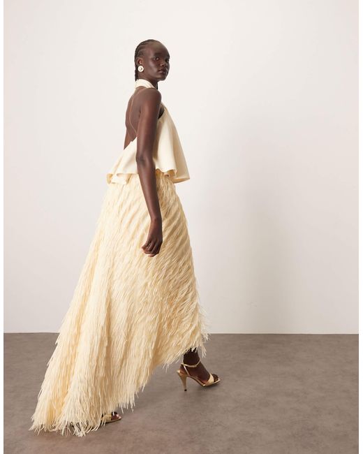 ARRANGE Hybrid Halter Trapeze Fringe Skirt Maxi Dress in Natural | Lyst