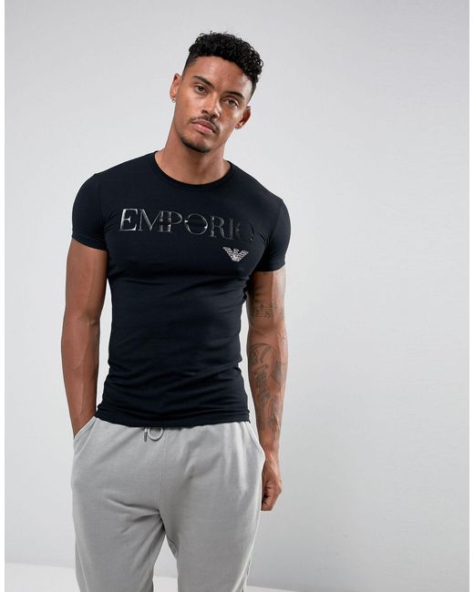 Loungewear - T-shirt da casa nera con scritta del logo di Emporio Armani in Black da Uomo