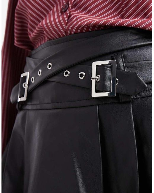 Miss Selfridge Red Faux Leather Pleated Kilt With Buckle