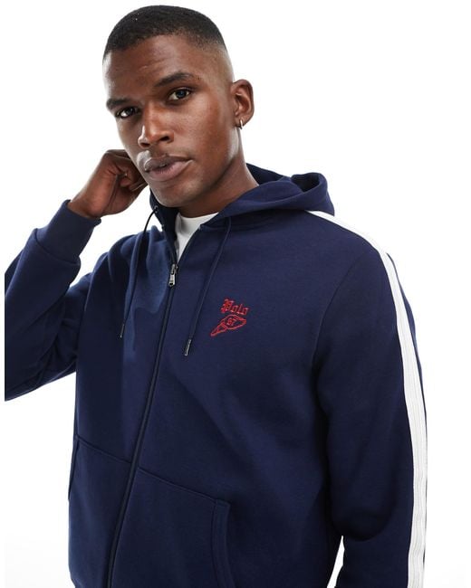 Polo Ralph Lauren Blue Run Club Stripe Taped Sleeve Full Zip Pique Hoodie for men