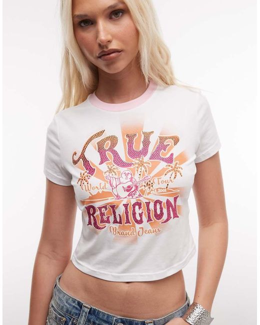 True Religion White Crystal Heritage Graphic Ringer Cropped Baby Tee
